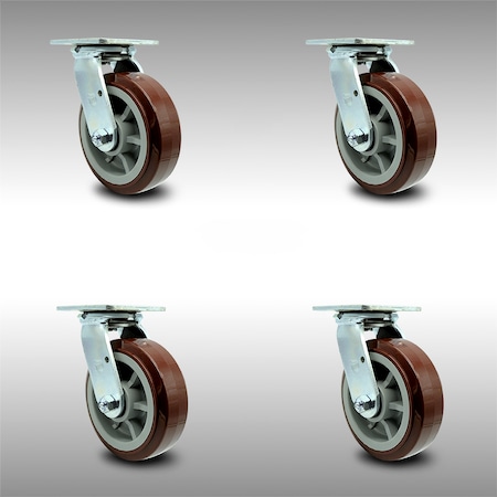 Service Caster 6 Inch SS Polyurethane Swivel Caster Set with Roller Bearing and Swivel Lock SCC SCC-SS30S620-PPUR-BSL-4